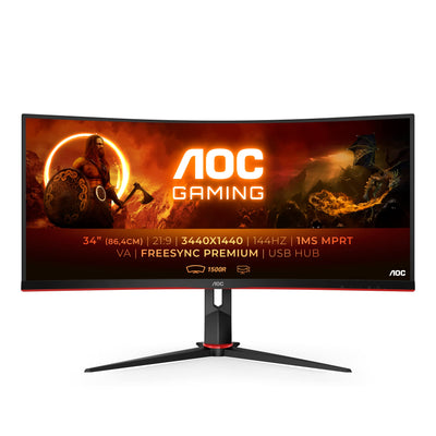 AOC Gaming CU34G2X - 34 Zoll WQHD Curved Monitor, 144 Hz, 1ms, FreeSync Premium (3440x1440, HDMI, DisplayPort, USB Hub) schwarz/rot
