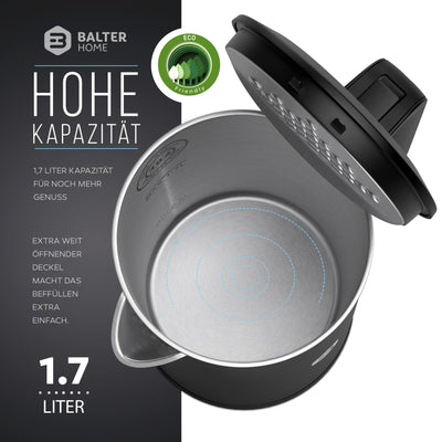 Balter Wasserkocher Edelstahl WK-4, 1,7 Liter, elektrischer Wasserkocher, Doppelwand Design, BPA frei, LED, Teekocher Kompakt, leise, Grau