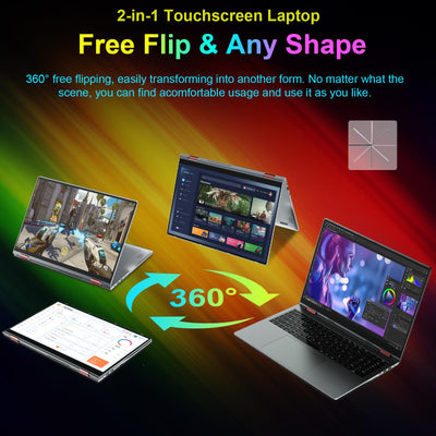 jumper Regenbogen Laptop 16 Zoll, 2 in 1 Convertible Pride Laptops, 16GB DDR4 640GB ROM Notebook, 1 Jahr Office 365, Fingerabdruckleser, QWERTZ Tastatur mit Hintergrundbeleuchtung, WiFi 6, 53.2WH