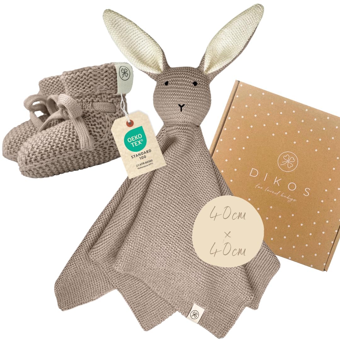 Geschenkset Hase Taupe Kuscheltuch Schmusetuch Schnüffeltuch Babysocken Bio Baumwolle Strick Baby Neugeborene Erstausstattung Mädchen Jungen personalisiert Babygeschenk Geschenk Geburt Babydecke