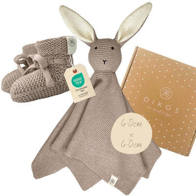 Geschenkset Hase Taupe Kuscheltuch Schmusetuch Schnüffeltuch Babysocken Bio Baumwolle Strick Baby Neugeborene Erstausstattung Mädchen Jungen personalisiert Babygeschenk Geschenk Geburt Babydecke
