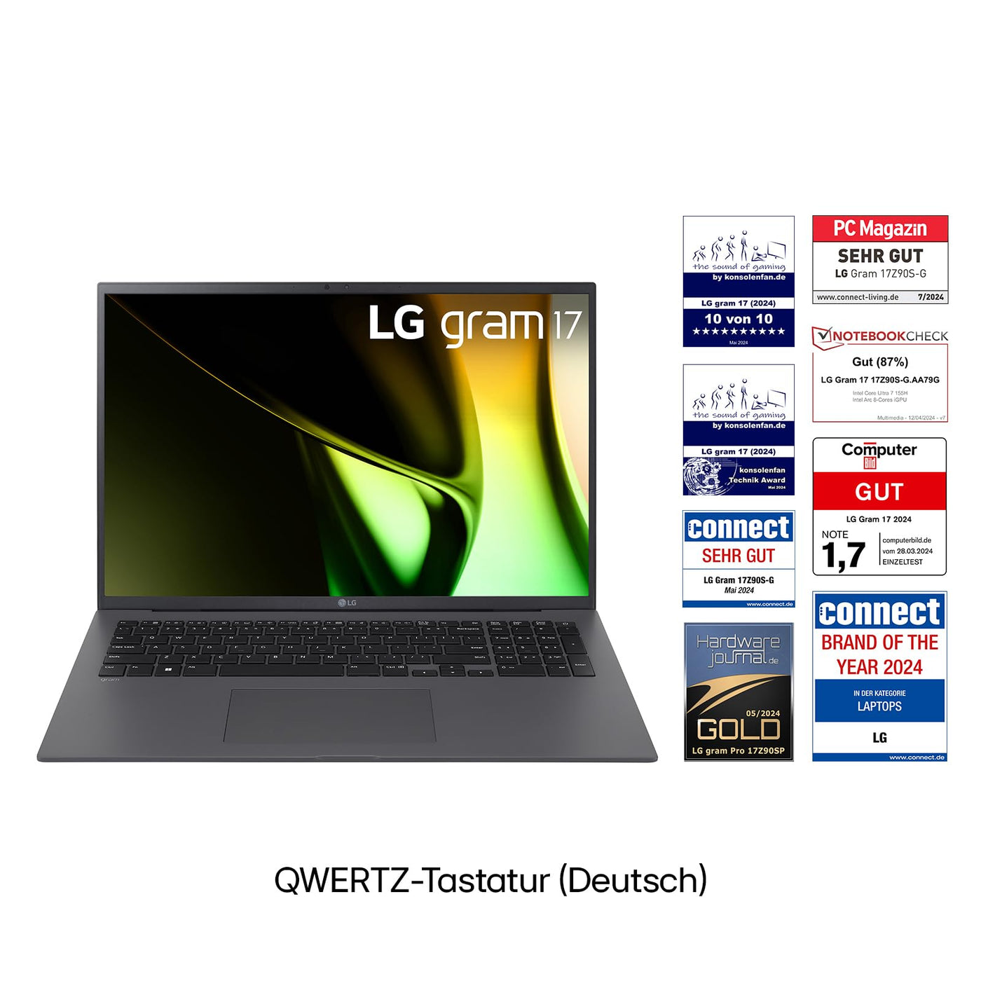 LG gram 17 Zoll Notebook - 1350g Intel Core Ultra7 Laptop (32GB RAM, 2TB Dual SSD, 21,5h Akkulaufzeit, IPS Panel Anti-Glare Display, Win 11 Home, 2024) - Grau
