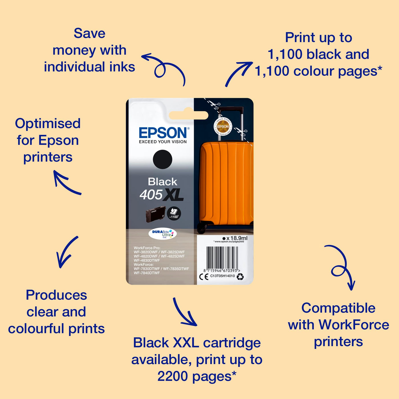 Epson Orginal 405XL Tinte Koffer Singlepack schwarz XL WF-3820DWF WF-3825DWF WF-4820DWF WF-4825DWF WF-4830DTWF WF-7830DTWF WF-7835DTWF WF-7840DTWF DURABrite Ultra Ink, ReadyPrint Flex-Tintentarife