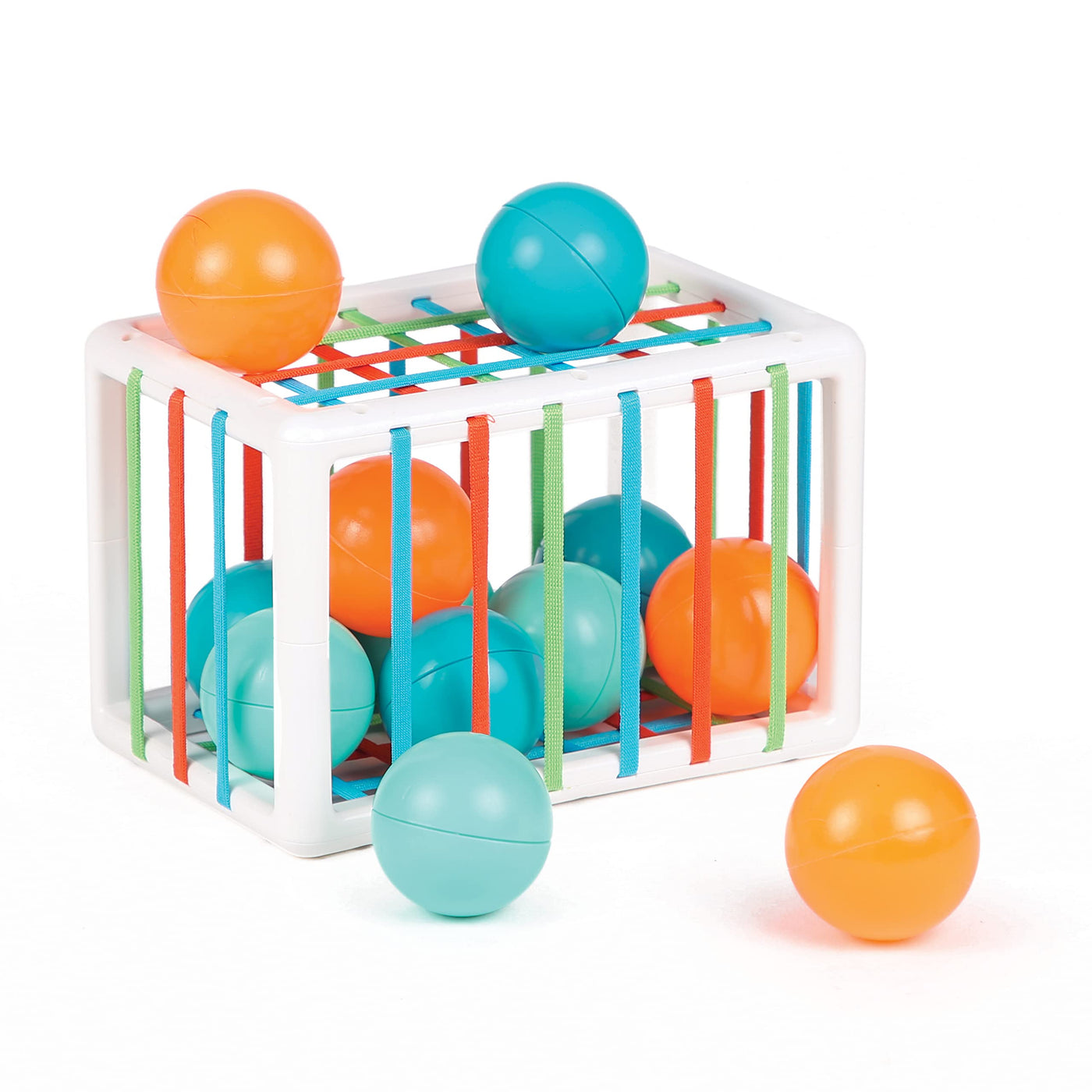 Ludi Babywürfel – Spielzeug für Babys – ab 10 Monaten – entwickelt Denken, Feinmotorik, Berührung und Entdeckung – 1 elastischer Würfel + 12 orangefarbene und Blaue Bälle mit lustigem Klang