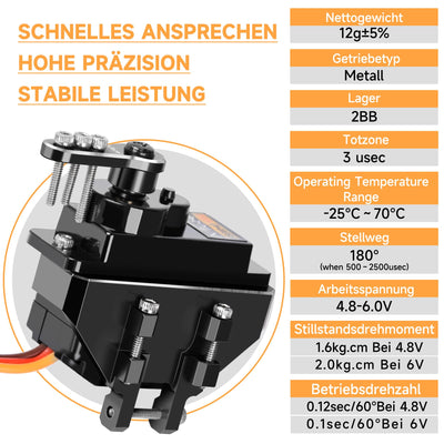 Miuzei Micro Servo Motor Kupfer Metallgetriebe Digital RC 180 Grad Mini Servomotor Lenkservo für SCX24 AX24 Arduino Roboter Arm 1/24 Car Boot mit Servokabel Horn Servo Mount Zubehör Schwarz 2 PCS