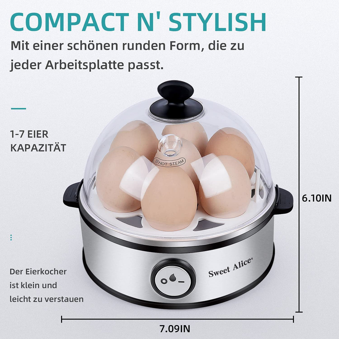 Sweet Alice Eierkocher Edelstahl, Eierkocher Testsieger, Eierkocher für 1-7 Eier mit Härtegradeinstellung, Indikationsleuchte Abschaltautomatik,Messbecher, Überhitzungsschutz, BPA-frei, 360 Watt