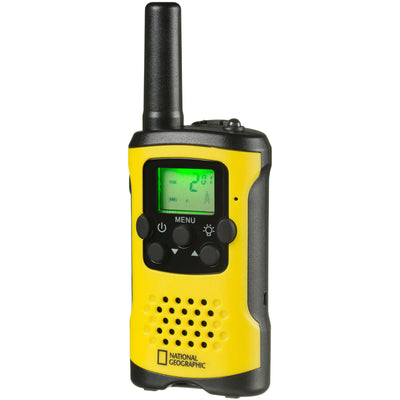National Geographic Walkie-Talkie 2er-Set, kompakte Funkgeräte mit sehr hoher Reichweite bis zu 6 km, Frei-Hand-Funktion und integrierter Taschenlampe, Schwarz-Gelb, 9111450