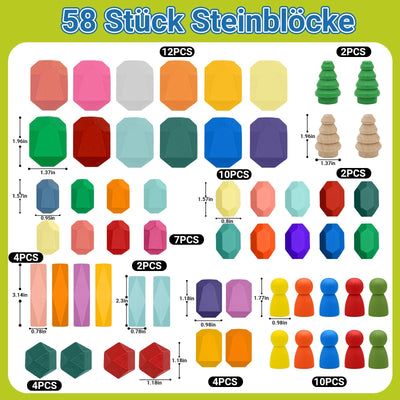 RunHero 58 Stück Stapelsteine Balanciersteine Montessori Holz Bauklötze Spielzeug für Kinder Stapelturm Grimms Holzbausteine Stapelsteine Motorikspielzeug Geschenk für Baby ab 1 2 3 4 5 6 7 8 Jahr
