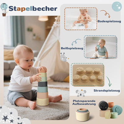 Almaxi Baby Spielzeug ab 6 Monate,5 in 1 Montessori Spielzeug Baby,Motorikspielzeug mit Formensortier- und Stapelspielzeug,Xylophon,Silikon Zugschnur Spielzeug,Stapelbecher,Geschenk Junge Mädchen