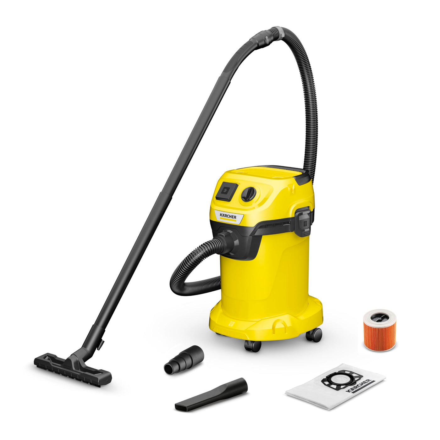 Kärcher Nass-/Trockensauger WD 3 P V-19/4/20, inkl. Patronenfilter, Vliesfilterbeutel, 1.000 W, Kunststoffbehälter: 19 l, Saugschlauch: 2 m, integrierte Steckdose für Elektrowerkzeuge