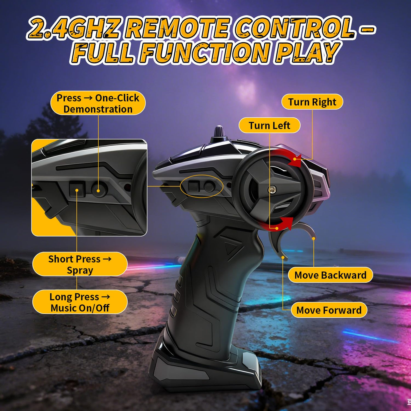 DEERC 1:16 4WD RC Auto mit Musik, LED Licht & Sprühfunktion, 2.4GHz Ferngesteuertes Auto mit Dual-Akku 40 Min Spielzeit, Offroad Fahrzeug mit One-Click-Demo, Geschenk für Kinder Jungen 5–12 Jahre