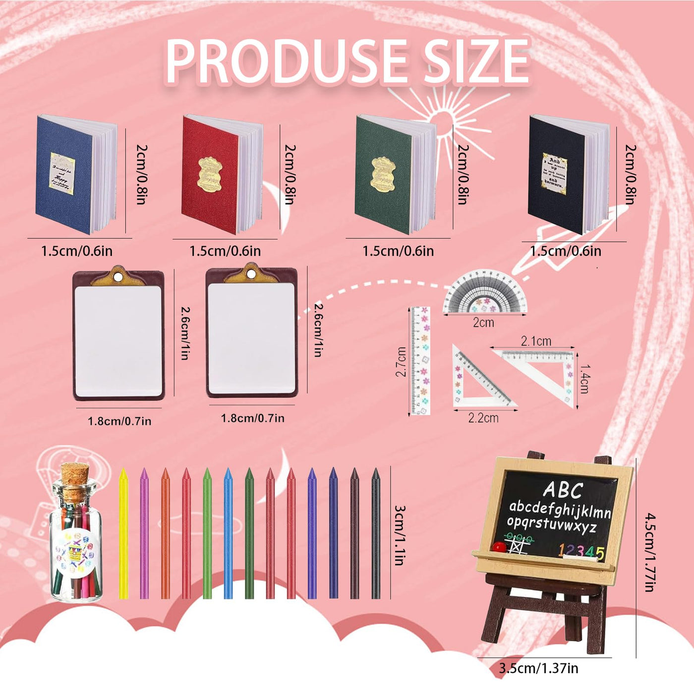 Miniatur Wichtel Zubehör,24Stück 1:12 Weihnachten Mini Puppenhaus Zubehör 1/12 Miniaturpuppe Schulbedarf Wichtelzubehör Deko Buch Klemmbrett Buntstift Set,für Dollhouse DIY Weihnachts Geschenk