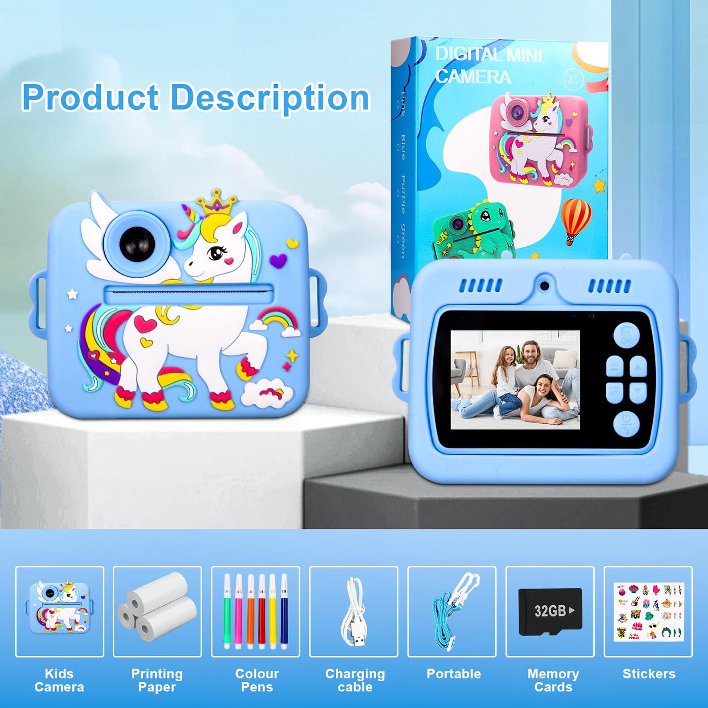 Kinderkamera, Sofortbildkamera Kinderkamera 48MP, 2,4 Zoll 1080P HD Kinder Digitalkamera mit 32GB Karte & Druckpapier, 8X Zoom, Geschenke für Jungen und Mädchen 3-12 Jahre (Blau)