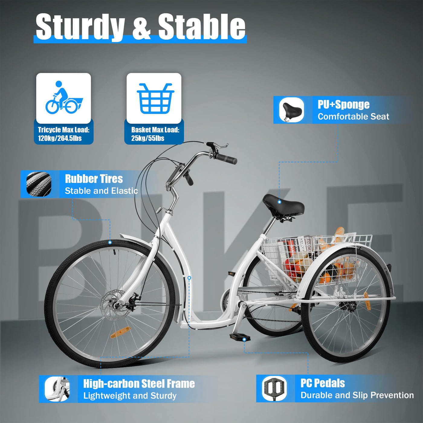TONFEION Erwachsene Dreirad, 26 Zoll Cruiser Fahrrad 3 Räder 6 Gang Dreirad für Erwachsene mit Einkaufskorb Einkaufs Lastenfahrrad für Erwachsene Senioren