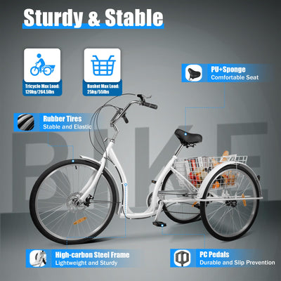 TONFEION Erwachsene Dreirad, 26 Zoll Cruiser Fahrrad 3 Räder 6 Gang Dreirad für Erwachsene mit Einkaufskorb Einkaufs Lastenfahrrad für Erwachsene Senioren