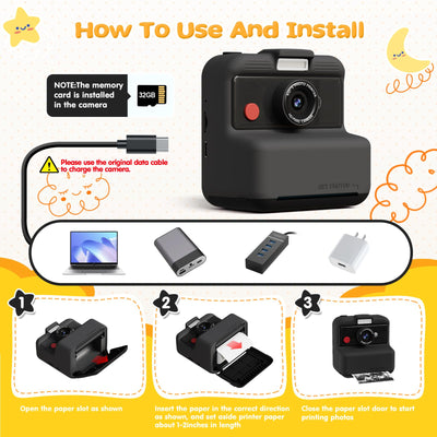 CAMCLID Sofortbildkamera Kinder, 3,0 Zoll Bildschirm Kinderkamera Sofortbildkamera, 48MP/1080P Kinder Kamera Sofortdruck mit 32GB Karte, Spielzeug Geschenk für Jungen und Mädchen 3-12 Jahre(Schwarz)