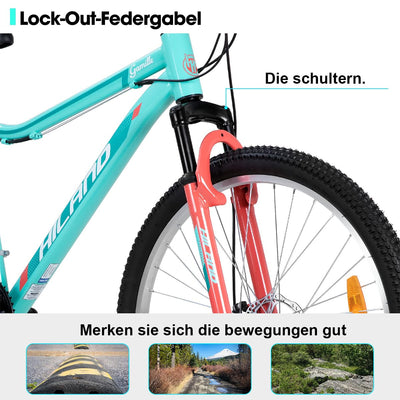 Hiland Damen Mountainbike 26 Zoll, Aluminium Rahmen 18 Gang MTB für Frauen, Damen und Mädchen Mountainbike mit Doppelscheibenbremse Federgabel, Mintgrün