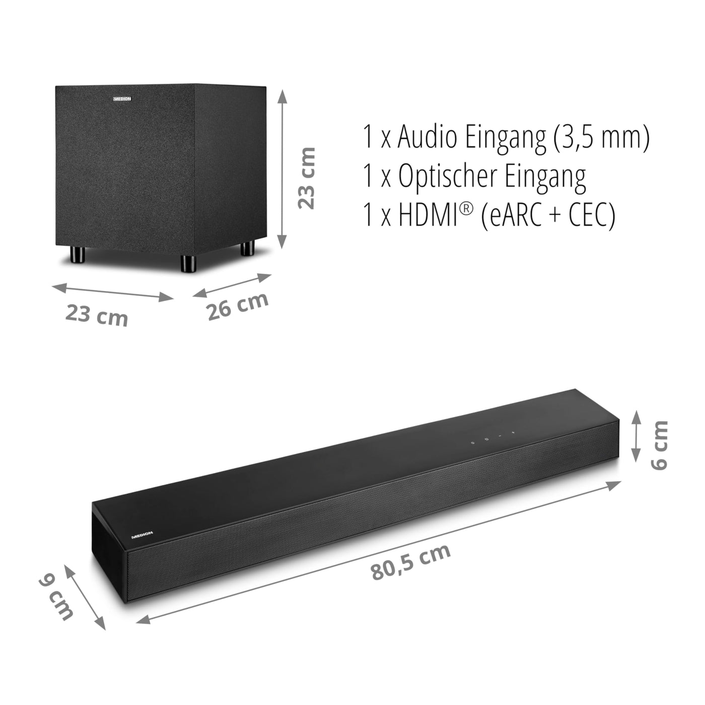 MEDION S61022 3.1 Dolby Atmos Soundbar mit kabellosen Subwoofer (für TV Geräte, Bluetooth 5.3, HDMI eARC CEC, optischer Eingang, AUX, 3 x 20 W + 60 W (RMS) Subwoofer kabellos, Fernbedienung