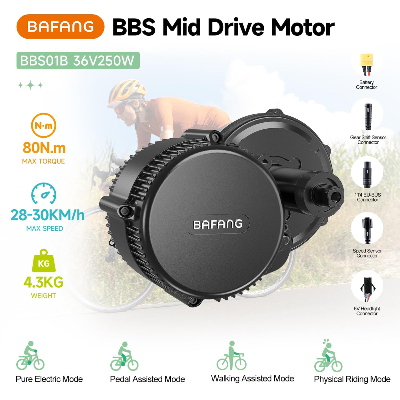 BAFANG Mittelmotor 36V 250W BBS01B Ebike Umbausatz Elektrofahrrad Kit mit Optionales Ebike Display,Elektrofahrrad Umbausatz Motor für BB68mm, DZ40 Anzeige