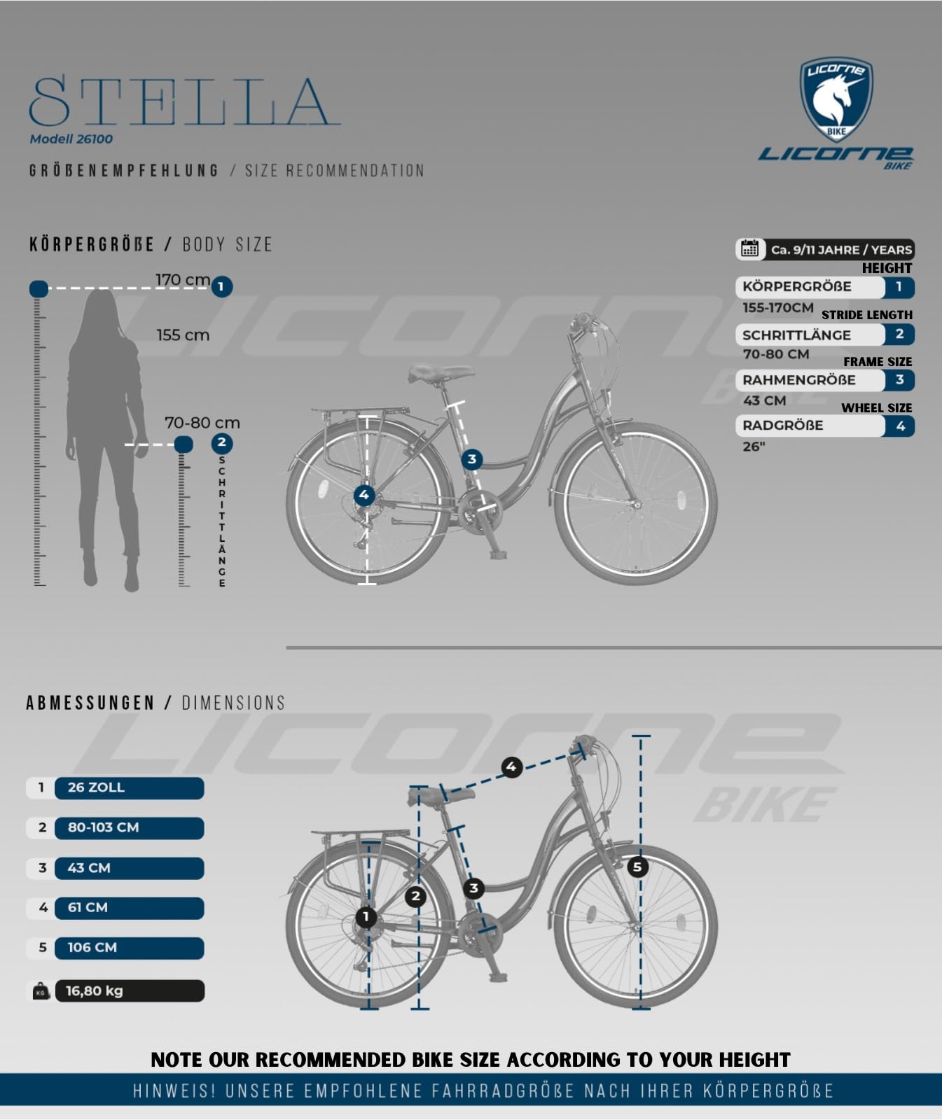 Licorne Bike Stella Premium City Bike in 24,26 und 28 Zoll - Fahrrad für Mädchen, Jungen, Herren und Damen - 21 Gang-Schaltung - Hollandfahrrad Citybike (Schwarz, 26.00)