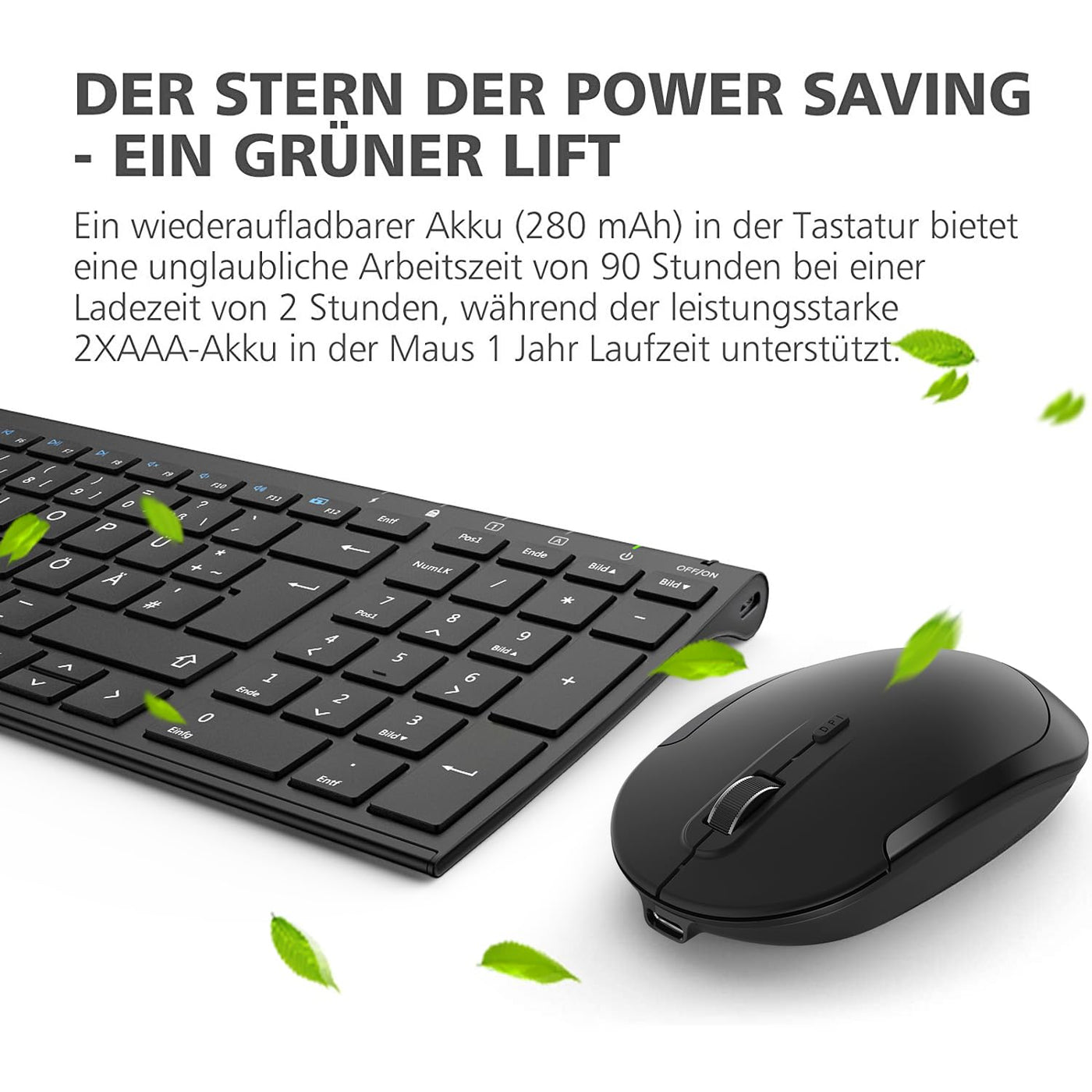 iClever 2.4G Tastatur Maus Set Kabellos, Aluminium Wireless Slim Tastatur QWERTZ Layout (Deutsch), für Computer/Desktop/PC/Laptop/Oberfläsche/Windows 10/8/7/Vista/XP (2.4GHz, USB)