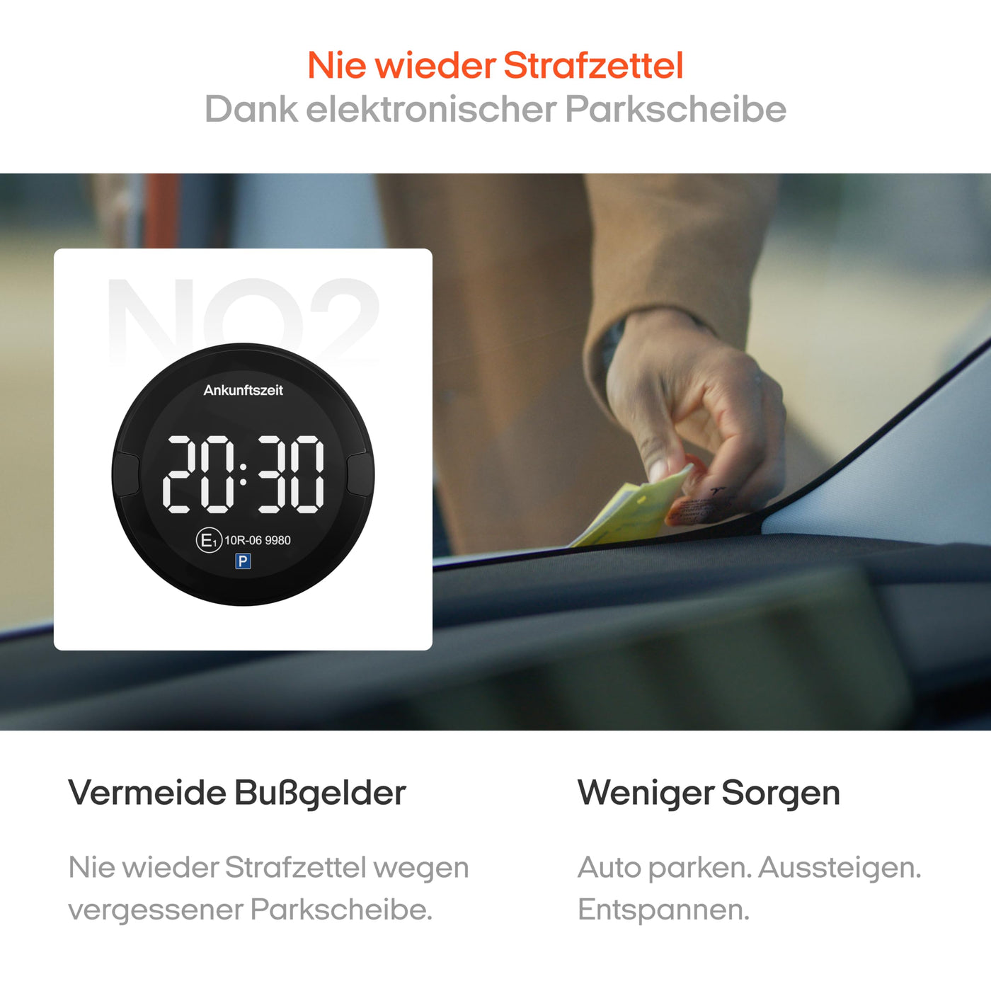 OOONO P-DISC NO2 - Elektronische Parkscheibe mit Zulassung fürs Auto - Automatische Digitale Parkscheibe Elektrisch mit Zulassung vom KBA nach StVO - Elektrische Parkuhr Auto zugelassen