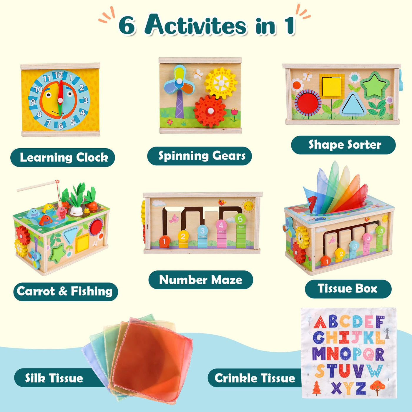 LZDMY Montessori Spielzeug Baby ab 6 Monate, 6-in-1 Tücherbox mit Knistertuch, Motorikwürfel Holzspielzeug 6-12 Monate Jungen Mädchen, Motorikspielzeug für Kinder 1-3, Baby Geschenk