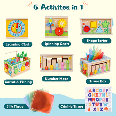 LZDMY Montessori Spielzeug Baby ab 6 Monate, 6-in-1 Tücherbox mit Knistertuch, Motorikwürfel Holzspielzeug 6-12 Monate Jungen Mädchen, Motorikspielzeug für Kinder 1-3, Baby Geschenk