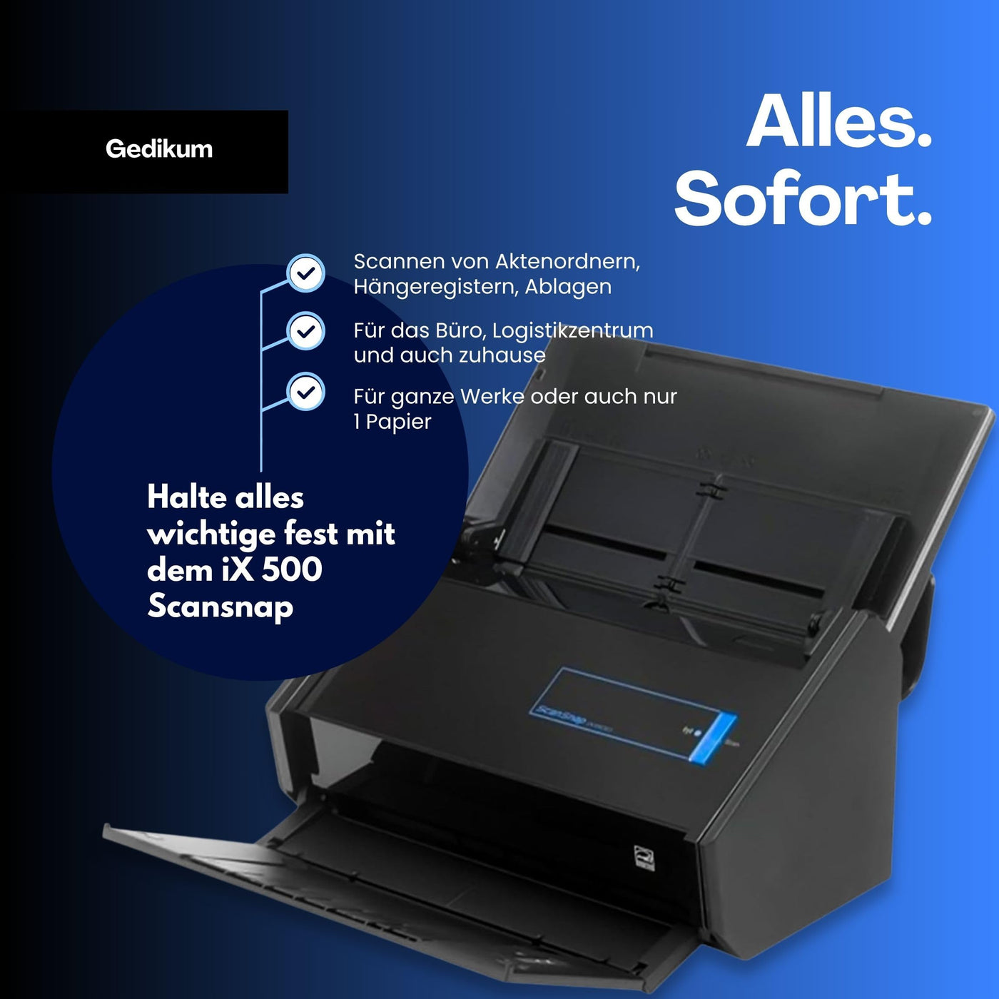 Gedikum Fujitsu IX500 ScanSnap USB High-Speed Cloud-fähiger Scanner für Dokumente, Fotos und Belege für Mac & PC – 1 Jahr Garantie – ADF mit Duplex-Scan-(Generalüberholt)