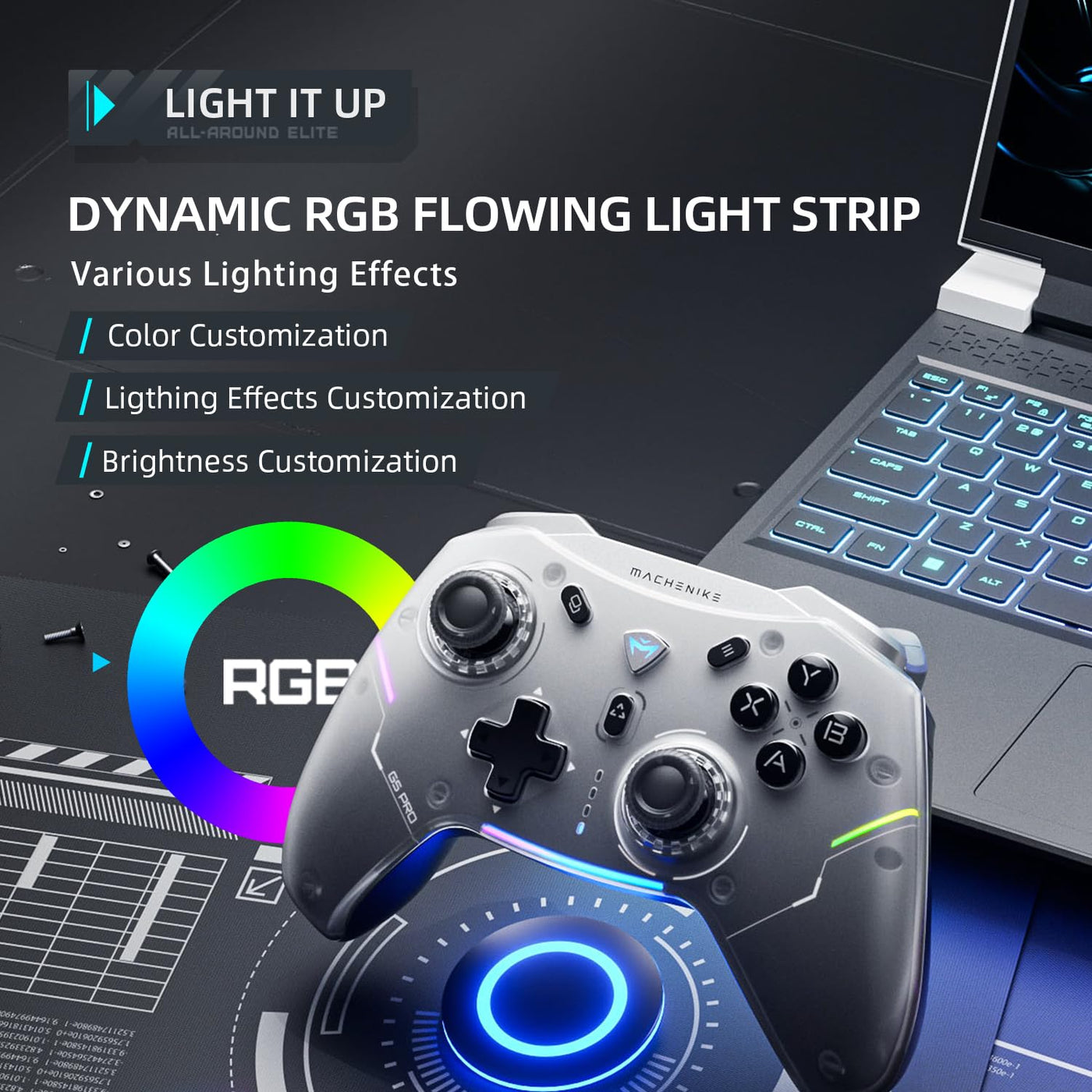 Machenike G5 Pro Wireless Controller für Windows PC,Switch,IOS&Android,RGB Lichter,PC Controller Hall Effekt Joystick＆Trigger/Gyroskop (Schwarz)