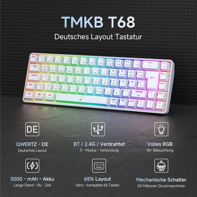 TMKB T68 Gaming Tastatur,60% Kabellos Mechanische RGB Tastatur mit Bluetooth/2.4G/Typ-C,Compact 68 Tasten Anti-Ghosting,Deutsches QWERTZ Layout,Blue Clicky Switch,weiße