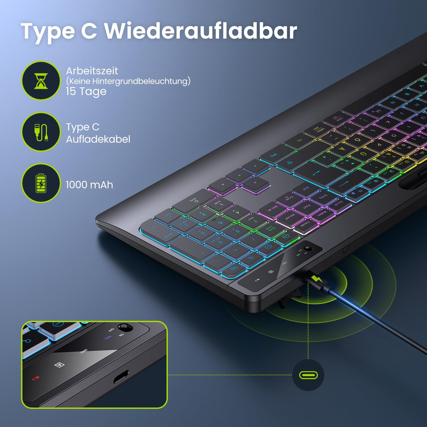 TECURS Gaming Tastatur Kabellos-Leise, Ergonomisch, 2 in 1 USB A/C, Multimedia-Tasten, Handy Halter, Kabellose Tastatur Beleuchtet Wireless für PC/Windows/Mac, QWERTZ Deutsche Layout(Schwarz)