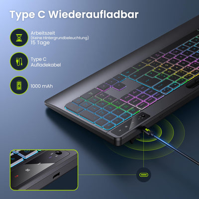 TECURS Gaming Tastatur Kabellos-Leise, Ergonomisch, 2 in 1 USB A/C, Multimedia-Tasten, Handy Halter, Kabellose Tastatur Beleuchtet Wireless für PC/Windows/Mac, QWERTZ Deutsche Layout(Schwarz)