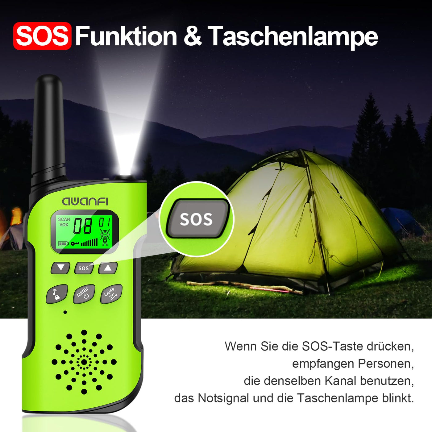 AWANFI Walkie Talkie Kinder, Walkie Talkie Aufladbar Li-ion Akku, Funkgerät Set, Walki Talki VOX, LCD Taschenlampe, Tastensperre, Walky Talky für Geschenk Camping Abenteuer, 3-12 Jahre
