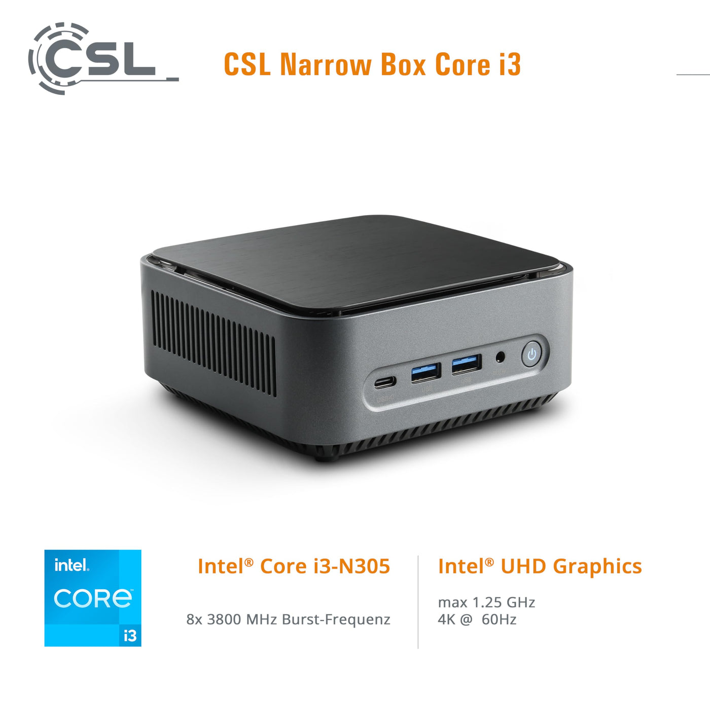 Mini PC CSL Narrow Box Core i3 Windows 11 Pro, Intel Core i3-N305 8X 3800 MHz Turbotakt, 1000 GB M.2 SSD, 16 GB DDR4-RAM, Intel UHD Grafik, HDMI 2, USB 3.2, BT 5.2, DisplayPort, Dual WLAN