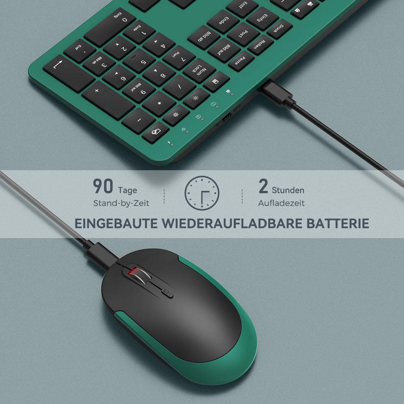 Tastatur Maus Set Kabellos, seenda Ultra-Dünne Wiederaufladbare Funk Tastatur Maus Set, Ergonomische Tastatur Kabellos mit Silikon Staubschutz für PC/Laptop/Smart TV, DE QWERTZ Layout, Schwarz&Grün