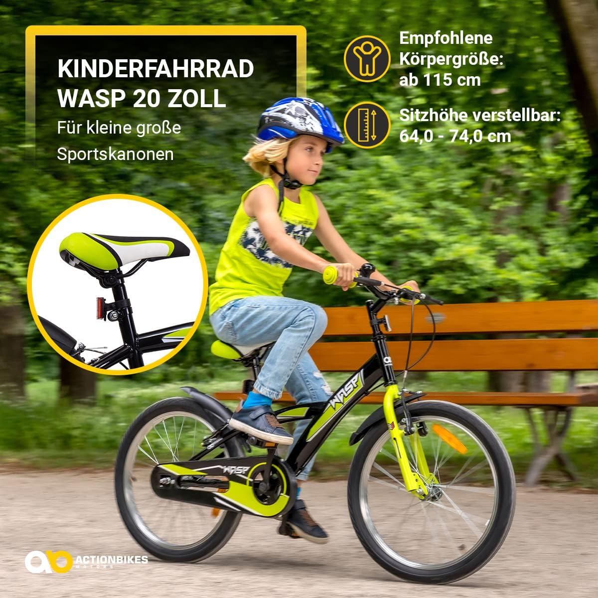 Actionbikes Kinderfahrrad Wasp - 1 Gang - ohne Schaltung - Fahrrad 20 Zoll für Jungen und Mädchen - Von 6-9 Jahren - V-Brakes vorne und hinten - Trapez-Rahmen - Kettenschutz (Schwarz Grün)