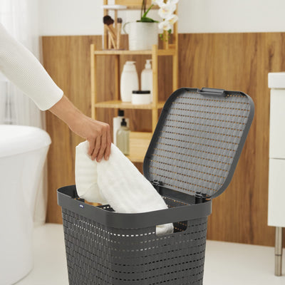 Rotho Country Wäschesammler 55l mit Deckel in Rattan-Optik, Kunststoff (PP) BPA-frei, anthrazit, 55l (42.0 x 32.2 x 57.7 cm)