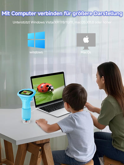Acoath Mikroskop für Kinder, Digitales Mikroskop mit 2,0" IPS-Bildschirm Lupe 200x Vergrößerung, 8 LED Lights Handy Microscope USB Taschenmikroskop - Blau