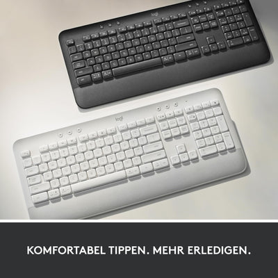 Logitech Signature K650 Comfort kabellose Tastatur mit Handballenauflage, BLE Bluetooth/Logi Bolt USB-Empfänger, Soft-Touch-Tastatur, Numpad, PC/Windows/Mac, Deutsches QWERTZ - Grau