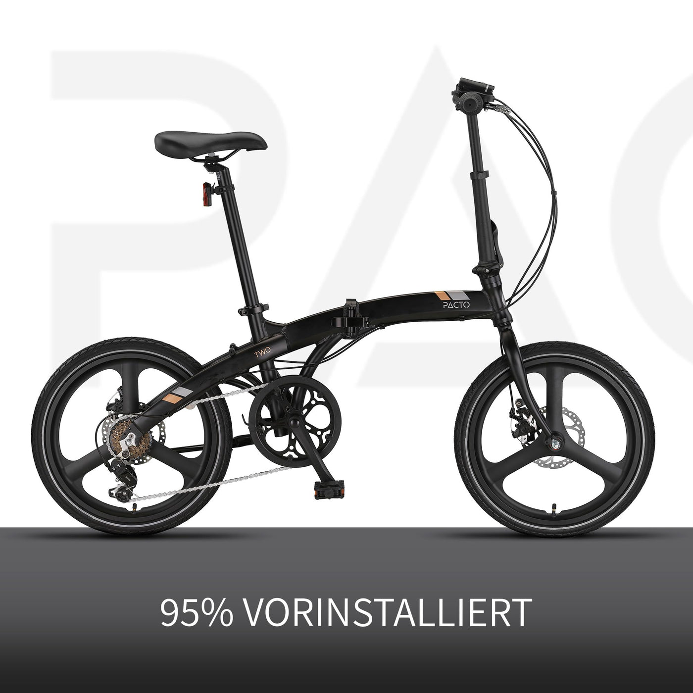 PACTO Two Klapprad 20 Zoll mit Schnelles Faltsystem (10 Sek), Aluminiumrahmen, Leichtgewicht (13KG), Shimano 6 Gänge, Doppelscheibenbremse und LED-Licht (Schwarz)