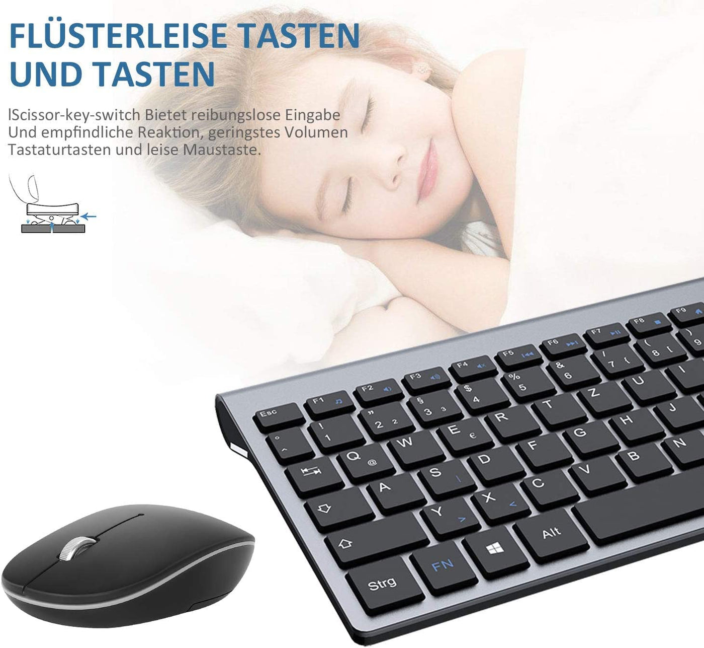 Tastatur Maus Set Kabellos - (Deutsch) USB QWERTZ Funk Tastatur Klein Maus Ultradünne Leise Ergonomisch Tastatur für Computer/PC/Laptop/Smart TV/Windows - Schwarz