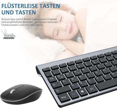 Tastatur Maus Set Kabellos - (Deutsch) USB QWERTZ Funk Tastatur Klein Maus Ultradünne Leise Ergonomisch Tastatur für Computer/PC/Laptop/Smart TV/Windows - Schwarz