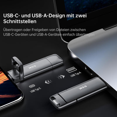 SSK USB C Externe SSD 256GB, mit bis zu 550 MB/s Extreme schneller USB-Stick, Dual-USB Typ C + USB A USB3.2 Gen2 Speicherstick für Android-Telefon, Laptop, Tablet, Mac