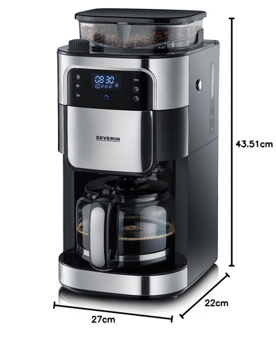 SEVERIN Kaffeemaschine mit Mahlwerk, Kaffeeautomat mit Glaskanne und Timer-Funktion, auch als Filterkaffeemaschine, für bis zu 10 Tassen Kaffee, 1000 Watt, schwarz/ Edelstahl, KA 4813