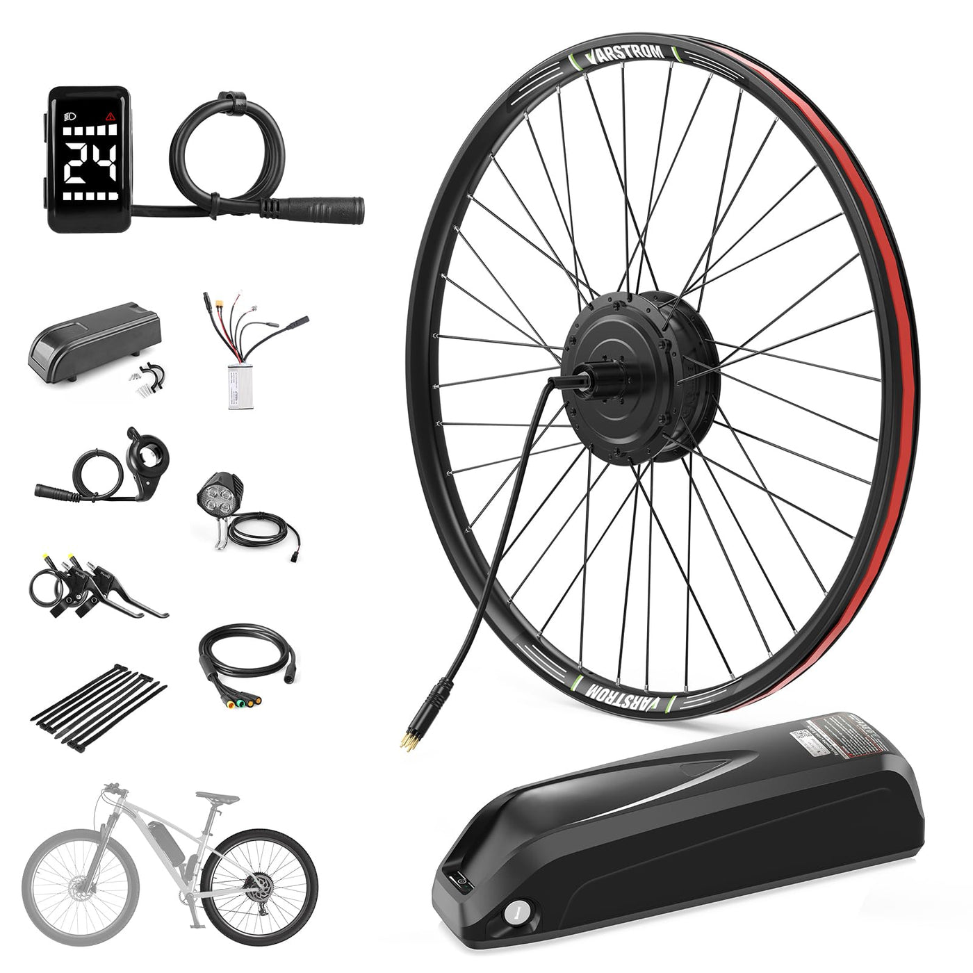 Varstrom Ebike Umbausatz 250W mit Akku 36V13Ah Unterrohr Batterie 26/28 Zoll Ebike Umbausatz E-Bike Hinterrad Bürstenloser Motor Elektrofahrrad Conversion Kit für Scheibenbremse Fahrrad