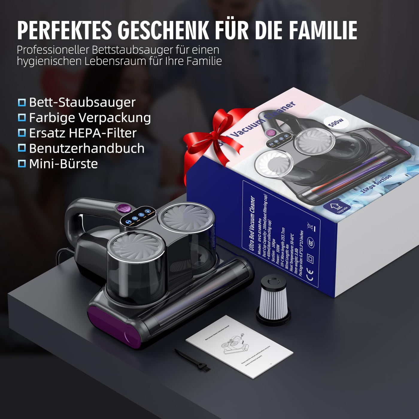 JPHYLL Milbensauger für Matratzen Milbenstaubsauger mit UV-C Licht 16Kpa Absaugung Matratzenreiniger HEPA Filter Ultraschall Hitze Bürstenrolle Technologien Polstersauger Handstaubsauger 500W Kabel