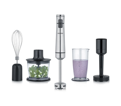 SEVERIN Kabelloser Stabmixer mit Premium-Set, abnehmbarer Mixstab, mit Pürierstab, Multizerkleinerer, Mixbehälter, Kartoffelstampfer & Schneebesen, schwarz/Edelstahl-gebürstet, SM 3775