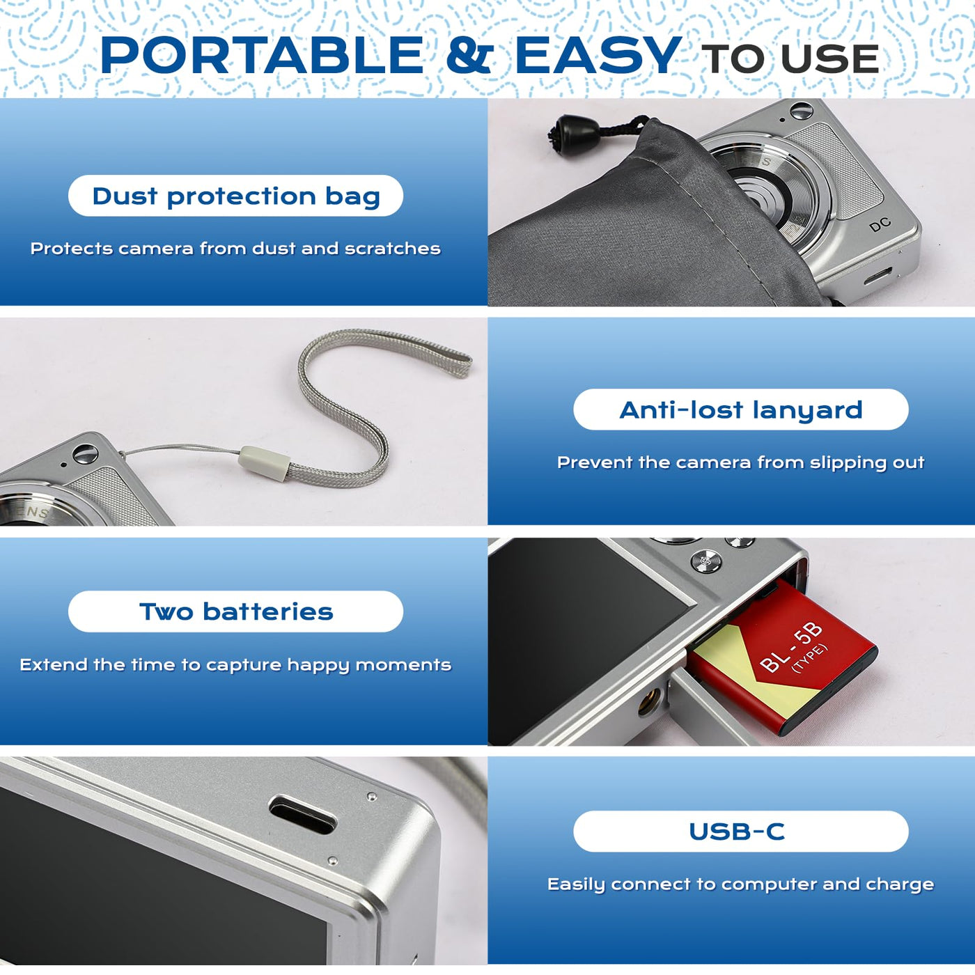 Digitalkamera Kinder Kompaktkamera kinderkamera, 1080P FHD 56MP Fotoapparat Digitalkamera Vintage Mini Fotos für Kinder Teenager Studenten Anfänger, 2 * Batterien, 32 GB (Silber)