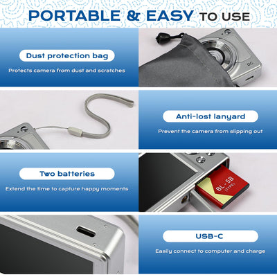 Digitalkamera Kinder Kompaktkamera kinderkamera, 1080P FHD 56MP Fotoapparat Digitalkamera Vintage Mini Fotos für Kinder Teenager Studenten Anfänger, 2 * Batterien, 32 GB (Silber)